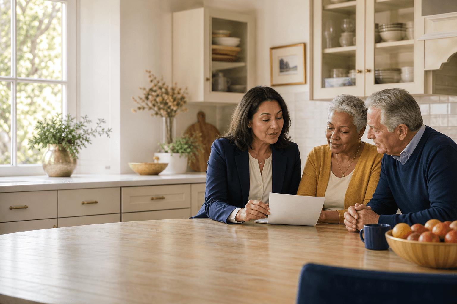 An insurance advisor sitting at a kitchen table reviewing coverage paperwork with a couple.